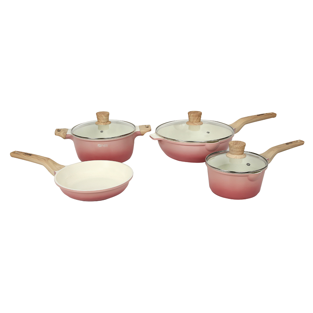 La' Chefz Ceramic Set Cookware (9 Pcs) - Cherry Pink (With Free Gift)