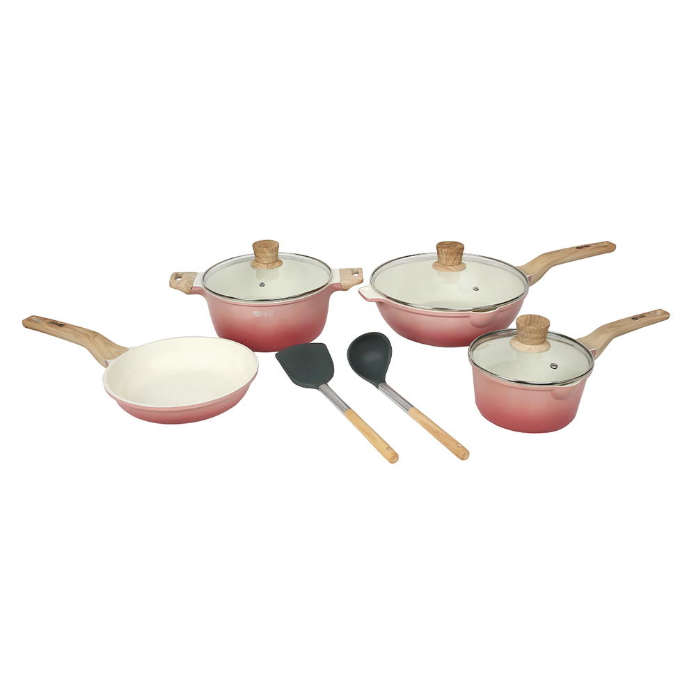 La' Chefz Ceramic Set Cookware (9 Pcs) - Cherry Pink (With Free Gift)
