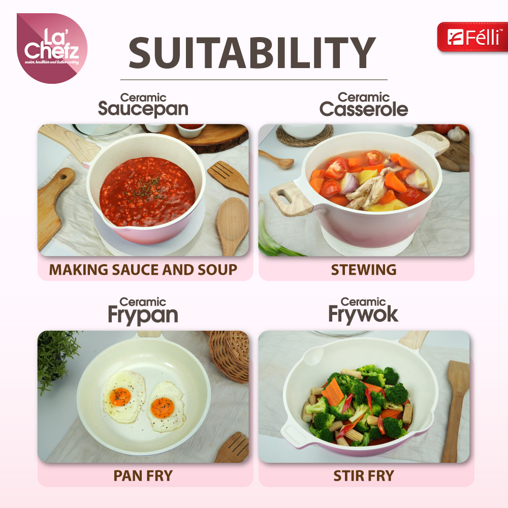 La' Chefz Ceramic Set Cookware (9 Pcs) - Cherry Pink (With Free Gift)