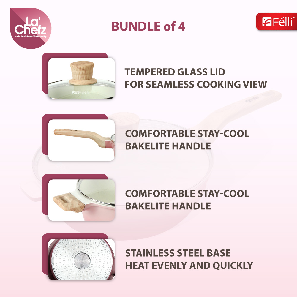 La' Chefz Ceramic Set Cookware (9 Pcs) - Cherry Pink (With Free Gift)