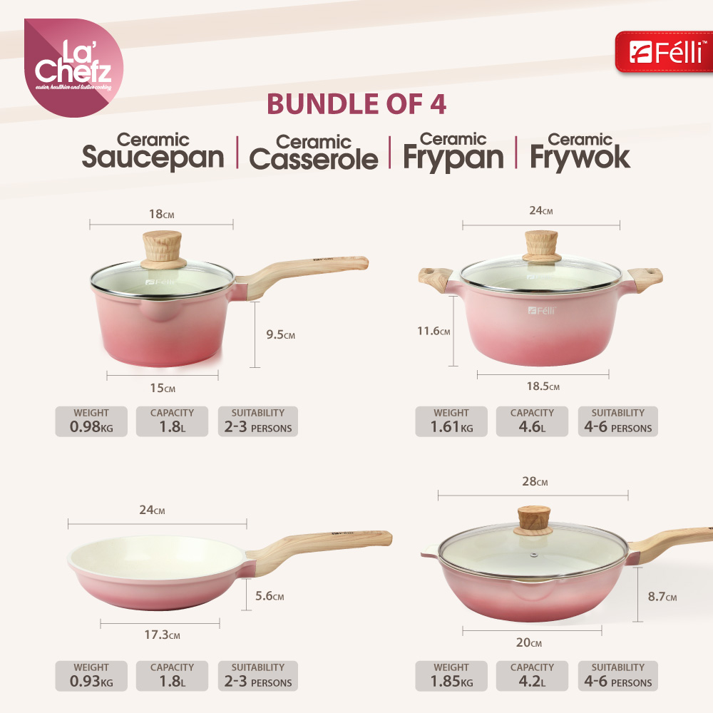 La' Chefz Ceramic Set Cookware (9 Pcs) - Cherry Pink (With Free Gift)