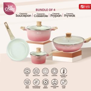 La' Chefz Ceramic Set Cookware (9 Pcs) - Cherry Pink (With Free Gift)