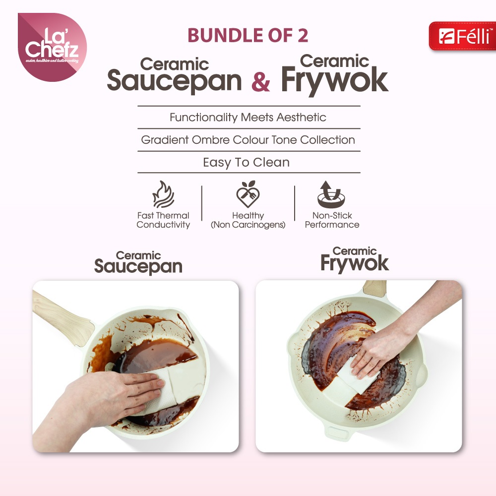 La' Chefz Ceramic Cookware Set 4pcs - Cherry Pink (With Free Gift)