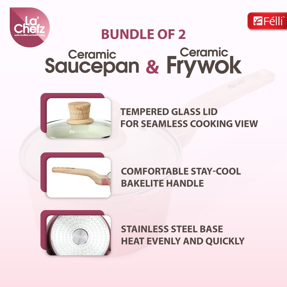 La' Chefz Ceramic Cookware Set 4pcs - Cherry Pink (With Free Gift)