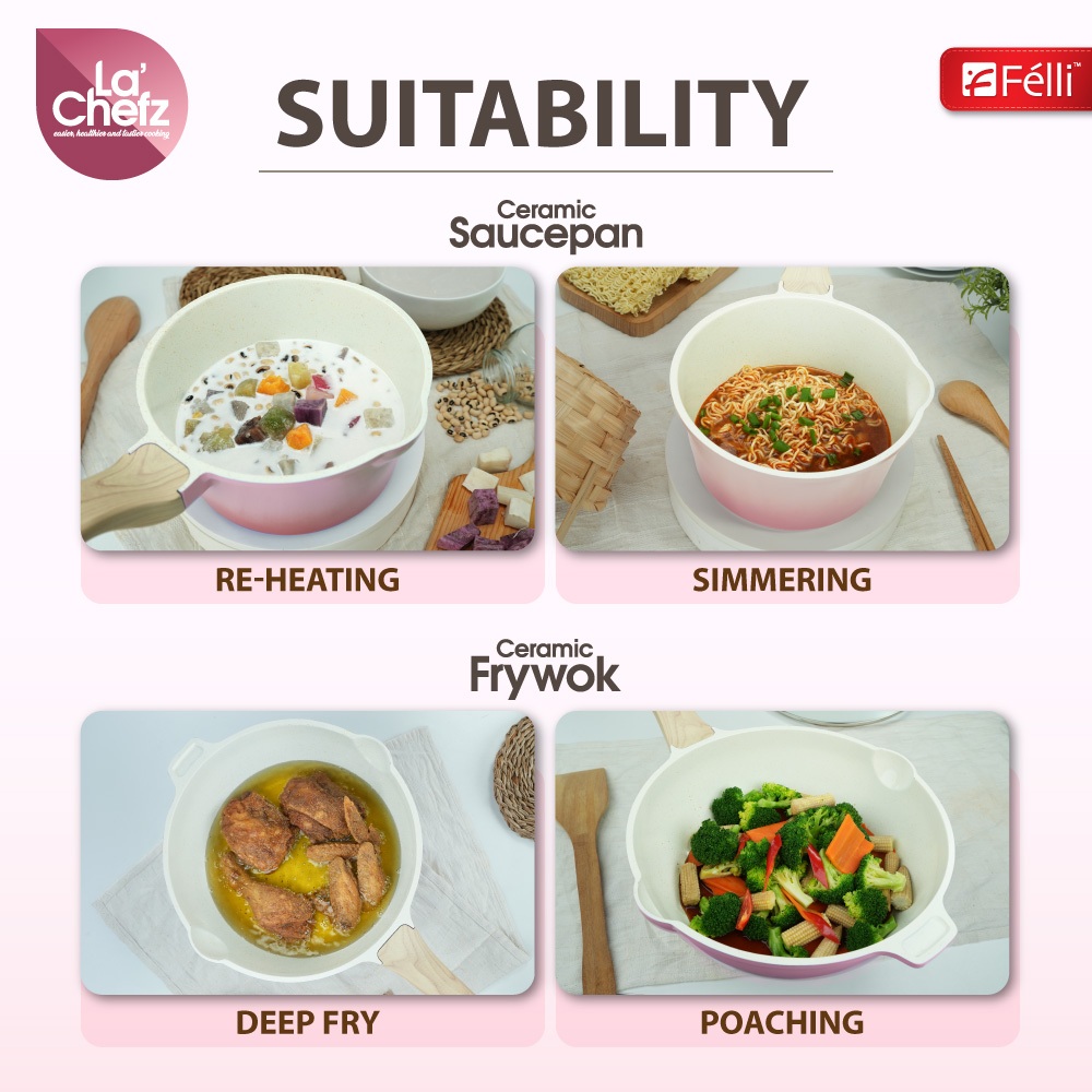 La' Chefz Ceramic Cookware Set 4pcs - Cherry Pink (With Free Gift)