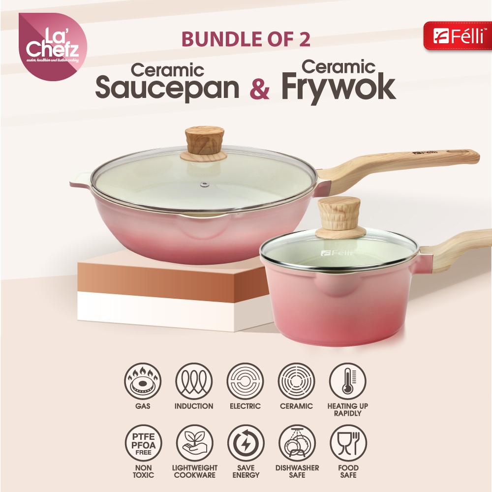 La' Chefz Ceramic Cookware Set 4pcs - Cherry Pink (With Free Gift)