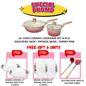 La' Chefz Ceramic Cookware Set 4pcs - Cherry Pink (With Free Gift)