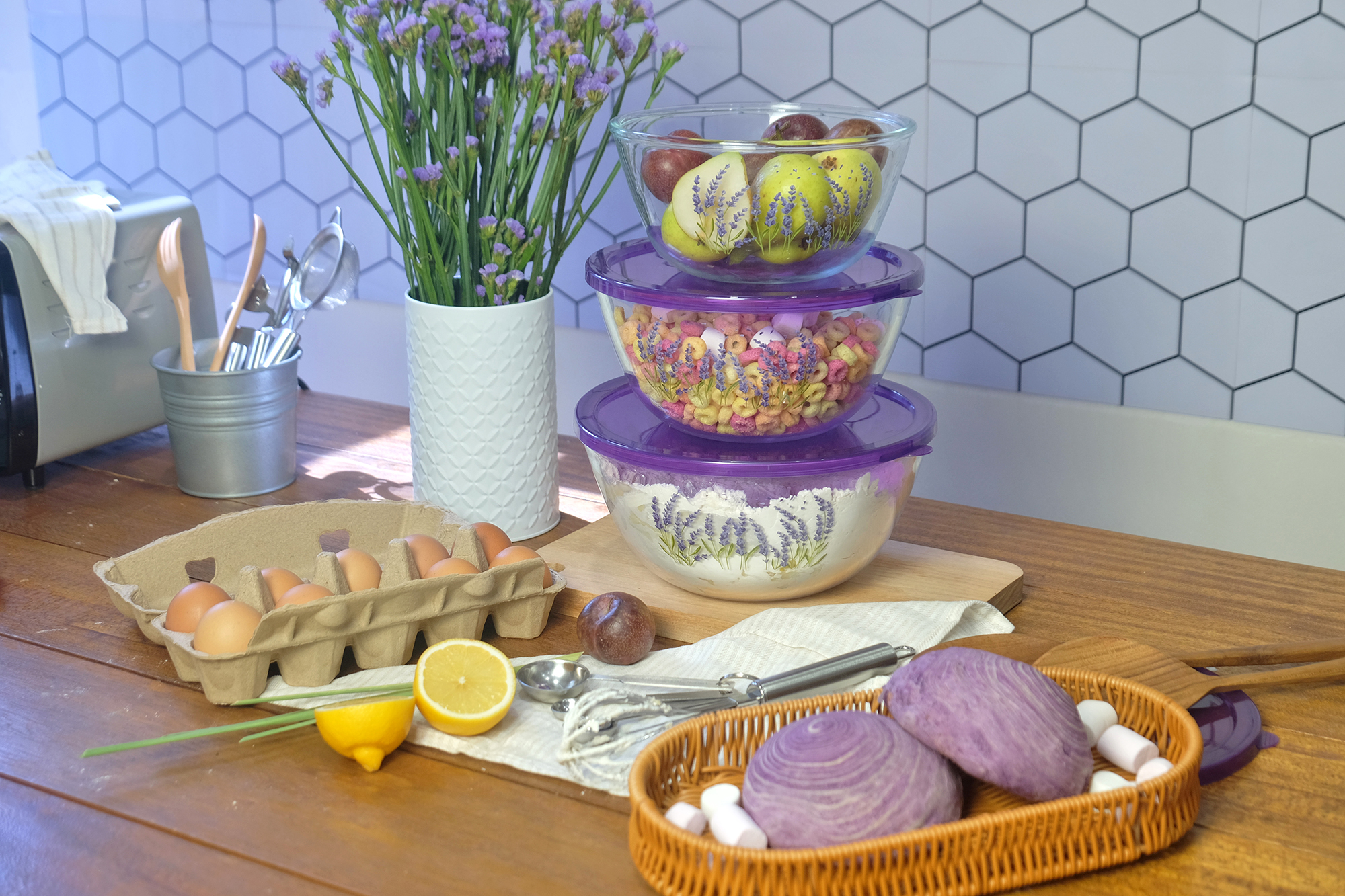 Ecolock High Borosilicate Glass Round Bowl with Lid Set 6pcs - Lavender