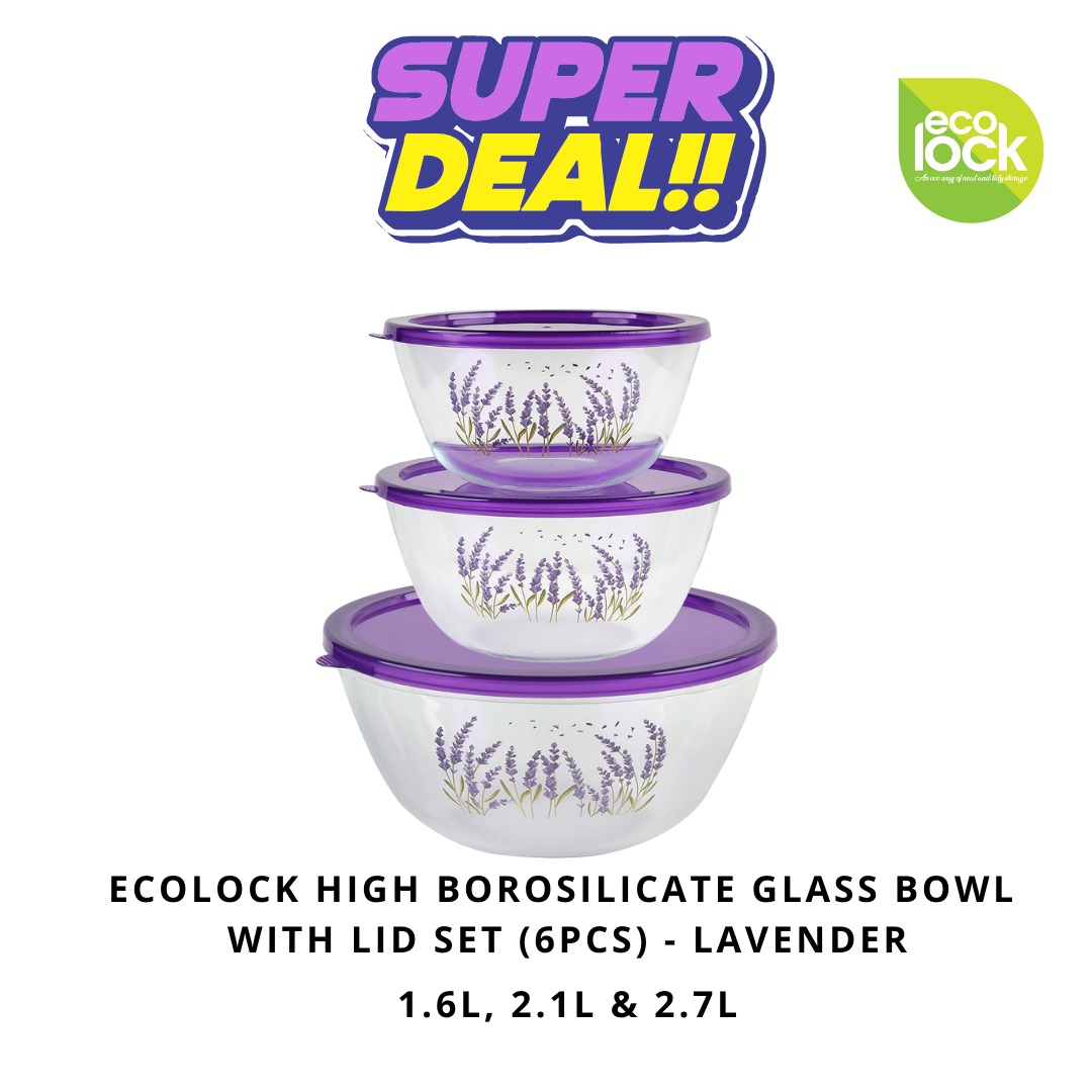 Ecolock High Borosilicate Glass Round Bowl with Lid Set 6pcs - Lavender