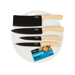 Fabian Kuro & Ki Knife With Round Chopping Board Set 5pcs - Light Brown