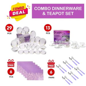 Dinexe Opal Glass Dinnerware Set 24pcs & Teapot Set 13pcs Combo - Lavender
