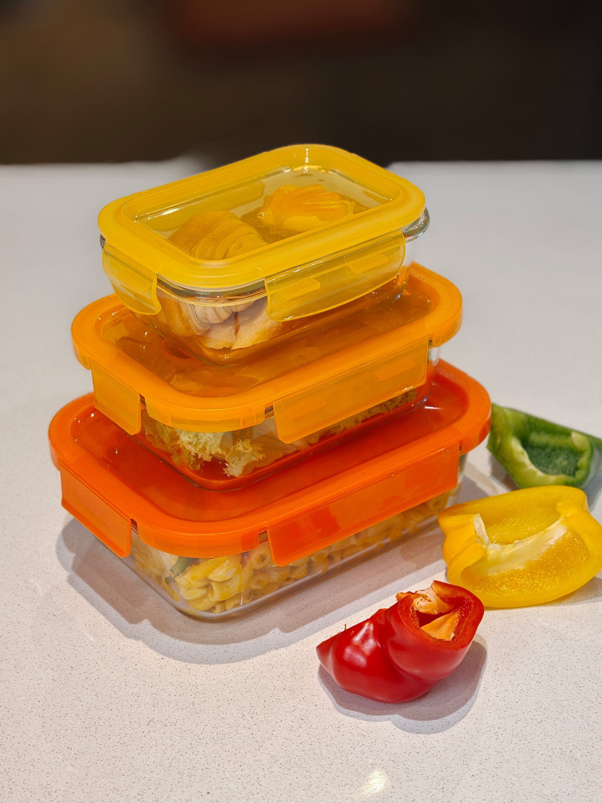 Ecolock Borosilicate Glass Food Storage Container Rectangle Set 3pcs - Apricot Orange