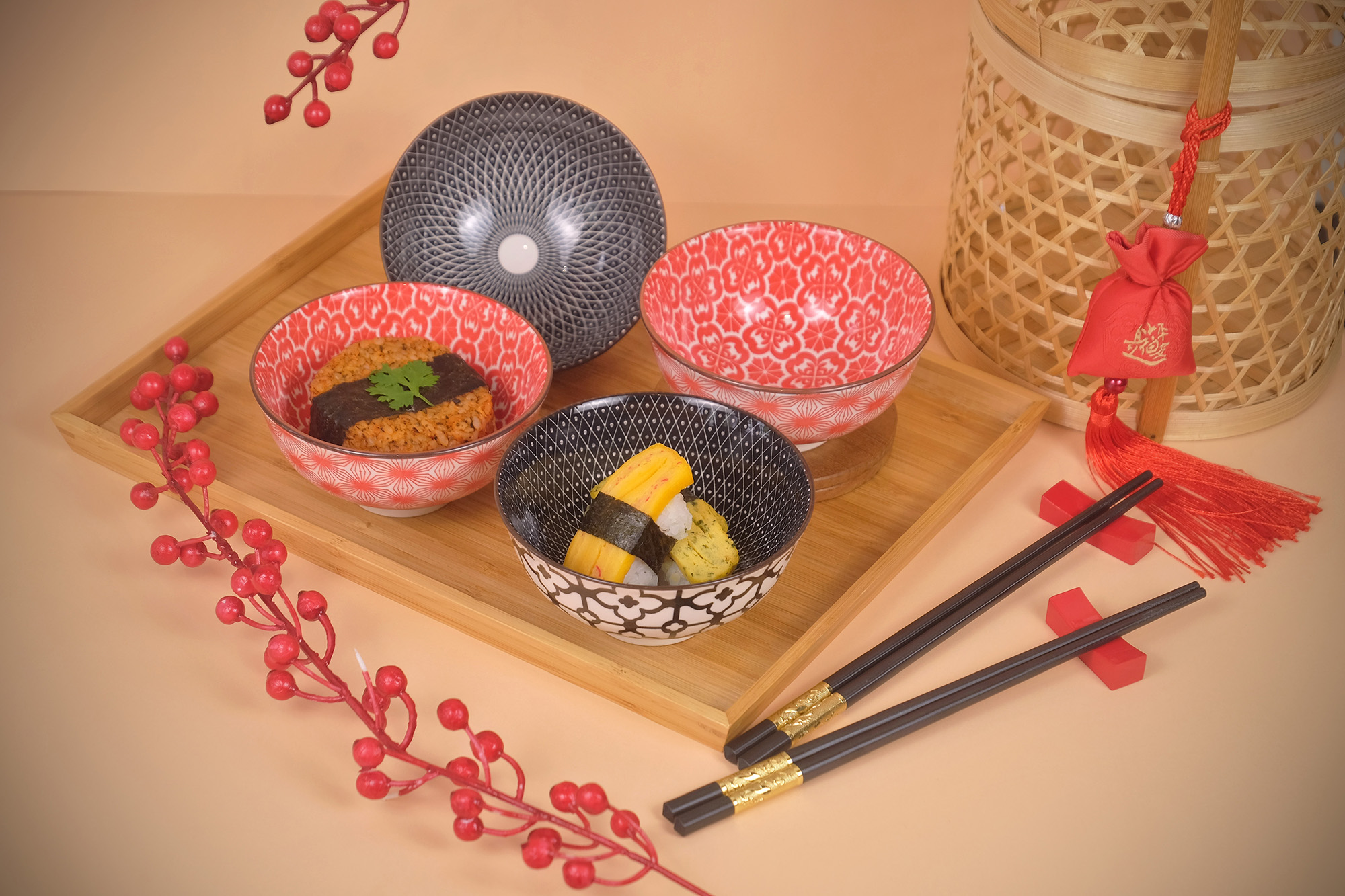 Harmonika Porcelain Rice Bowl 4.5" Set 4pcs - Oriental