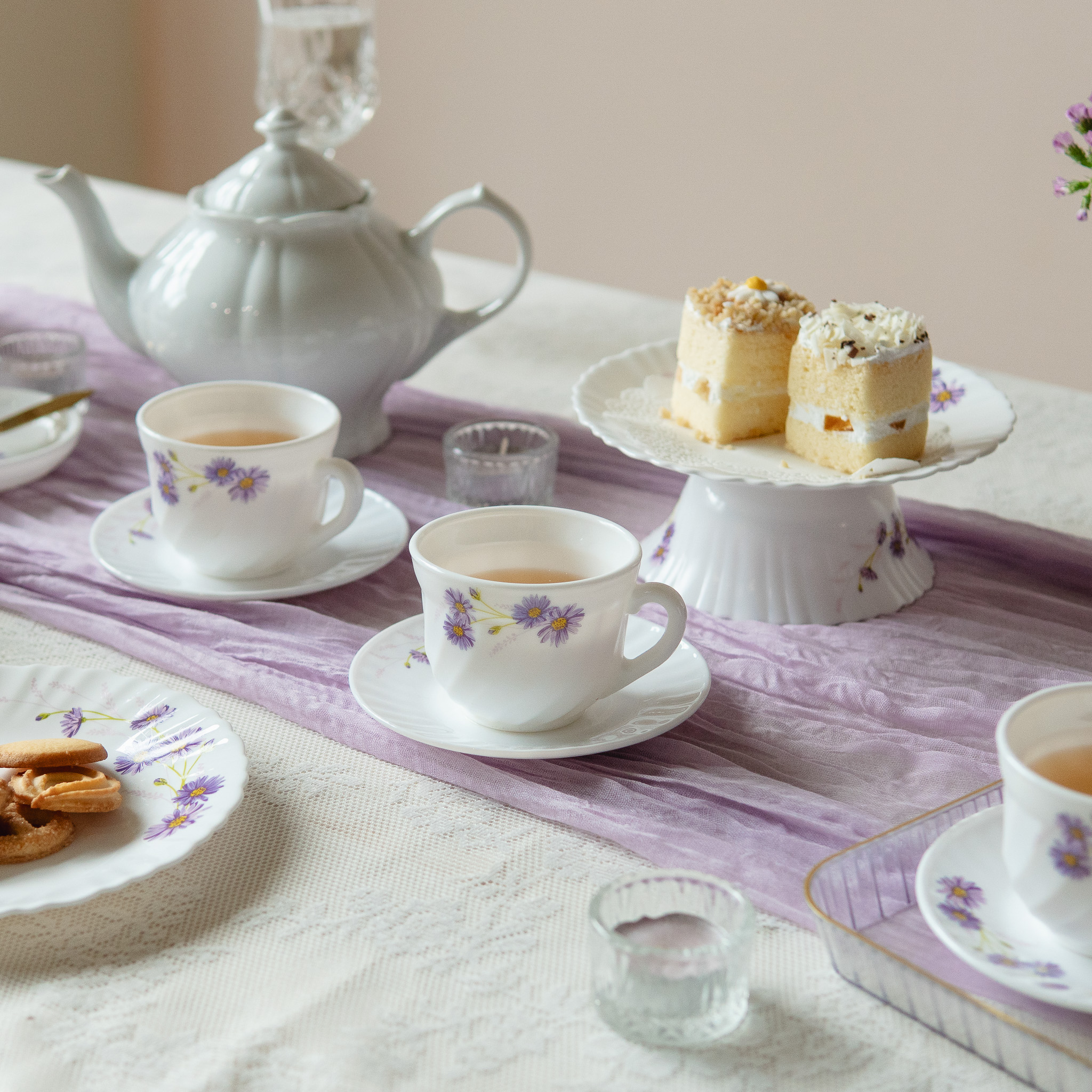 Dinexe Opal Glass Cup & Saucer Set 12pcs - Wavy Purple Daisy