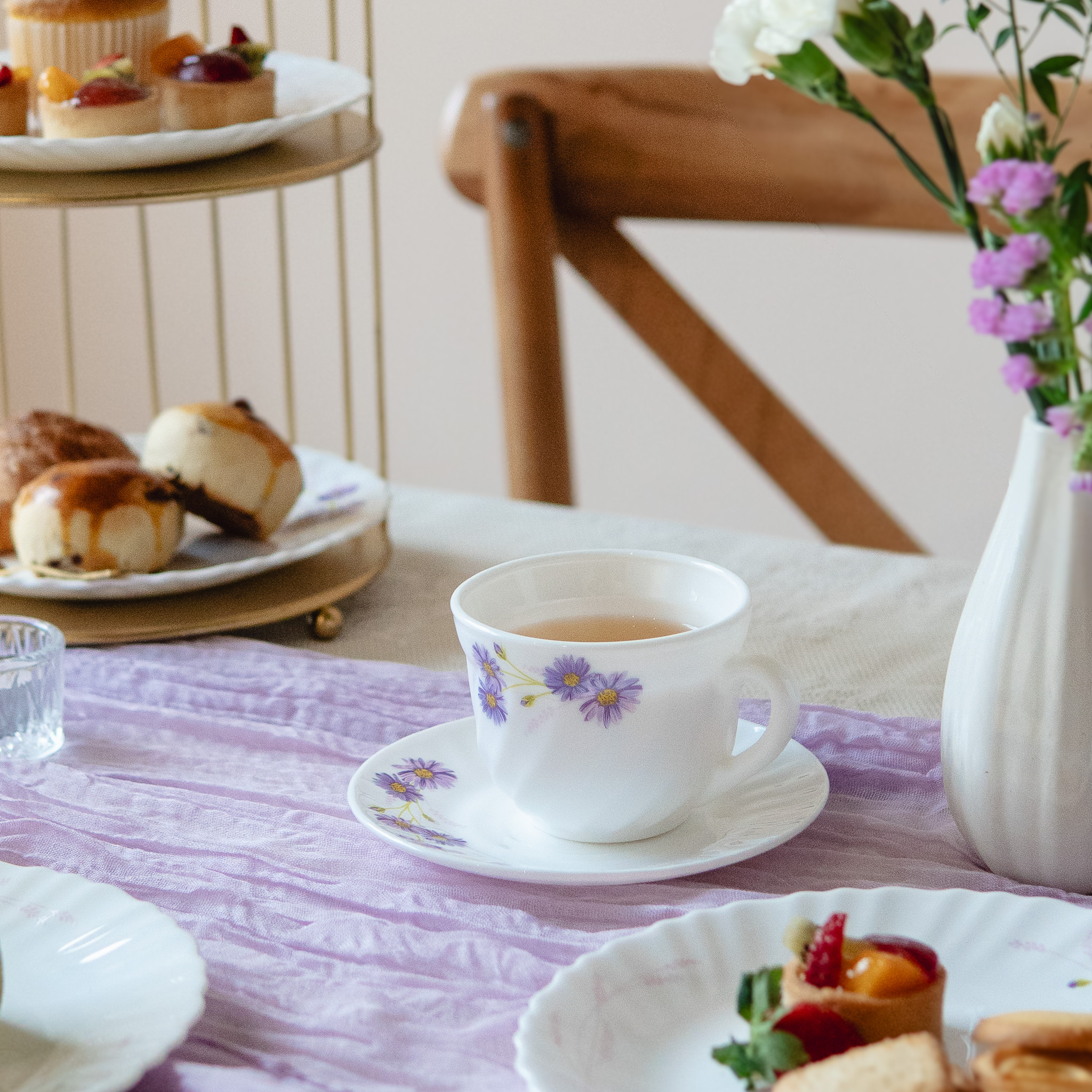 Dinexe Opal Glass Cup & Saucer Set 12pcs - Wavy Purple Daisy