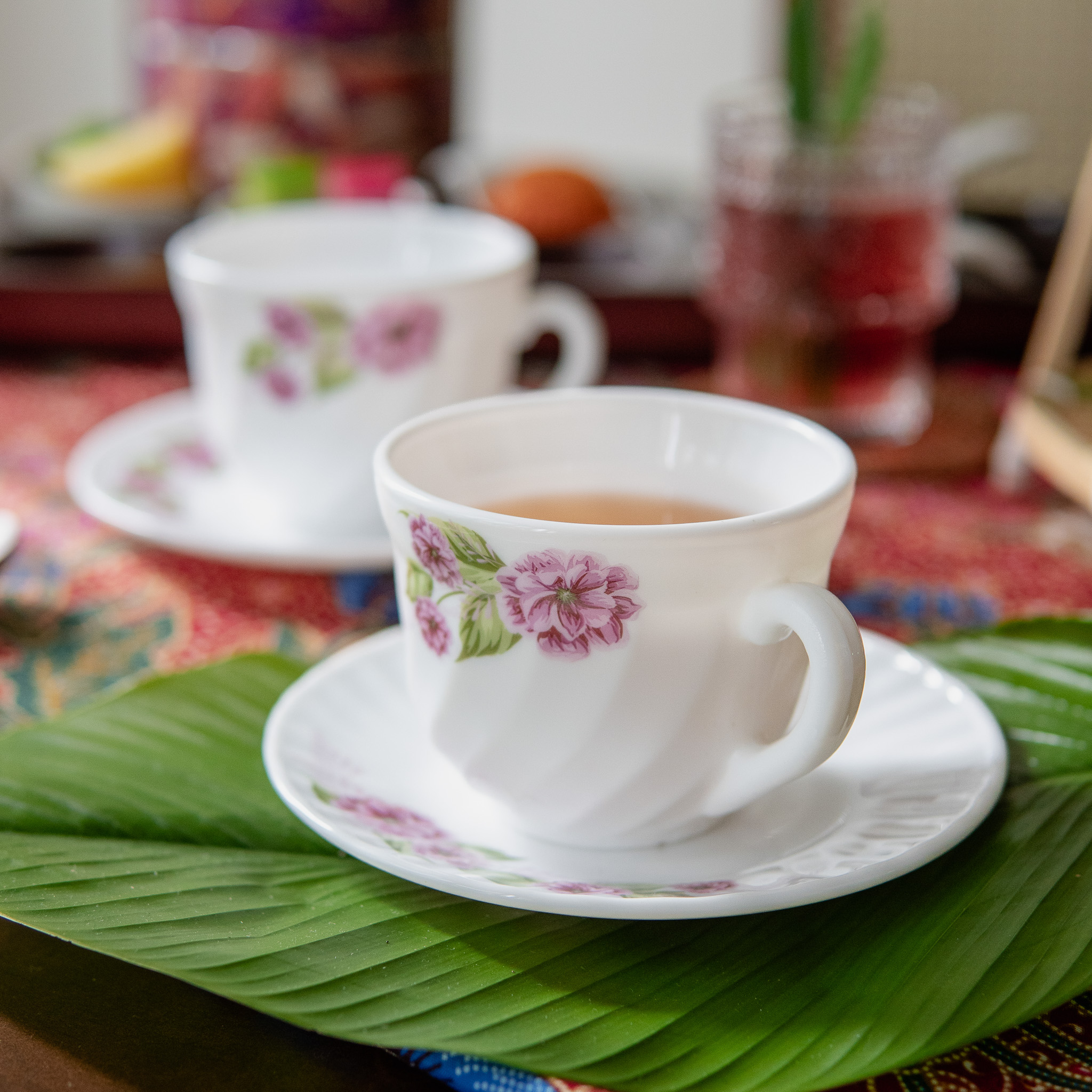 Dinexe Opal Glass Cup & Saucer Set 12pcs - Wavy Camellia Bloom