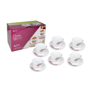 Dinexe Opal Glass Cup & Saucer Set 12pcs - Wavy Camellia Bloom