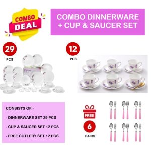 Dinexe Opal Glass Dinnerware Set 24pcs + Cup & Saucer Set 12pcs - Wavy Purple Daisy