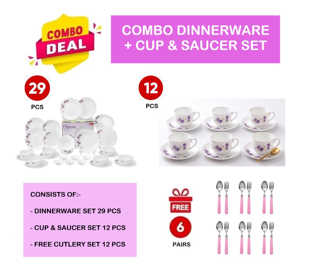 Dinexe Opal Glass Dinnerware Set 24pcs + Cup & Saucer Set 12pcs - Wavy Purple Daisy