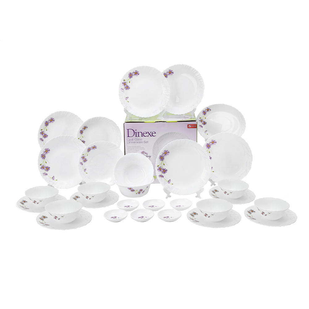Dinexe Opal Glass Dinnerware Set 24pcs + Cup & Saucer Set 12pcs - Wavy Purple Daisy