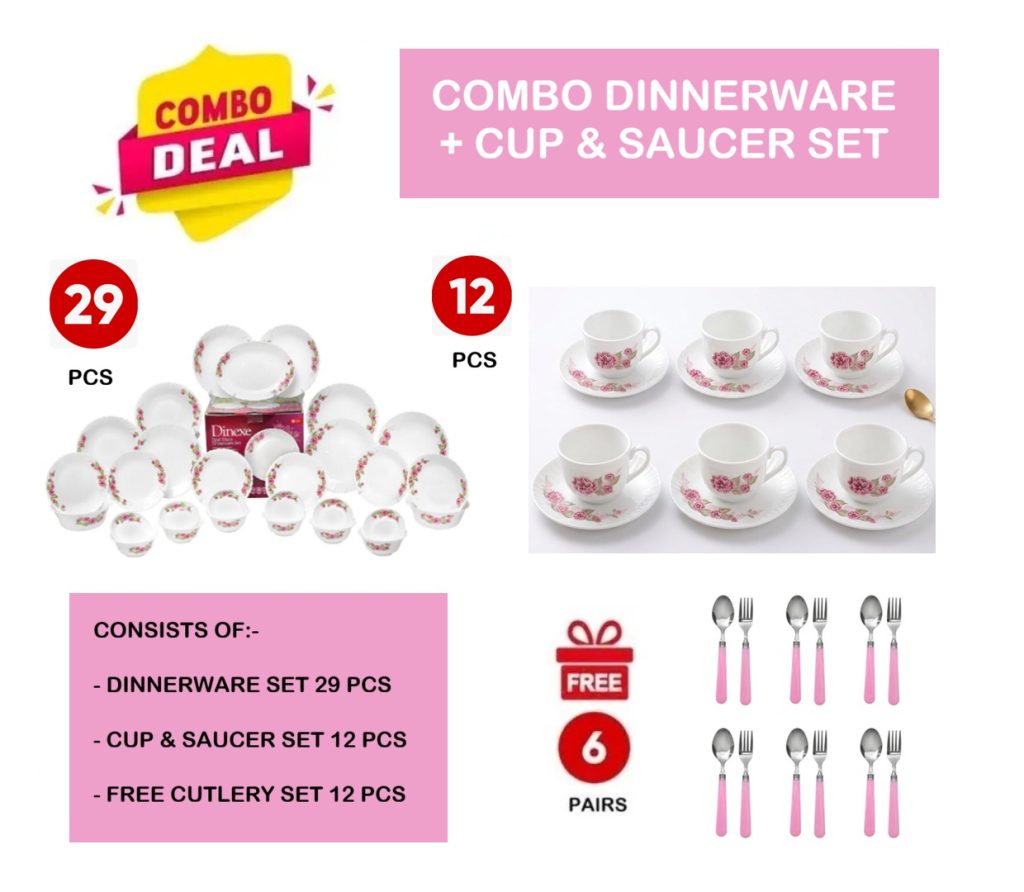 Dinexe Opal Glass Dinnerware Set 24pcs + Cup & Saucer Set 12pcs - Wavy Camellia Bloom