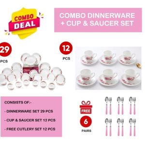 Dinexe Opal Glass Dinnerware Set 24pcs + Cup & Saucer Set 12pcs - Wavy Camellia Bloom