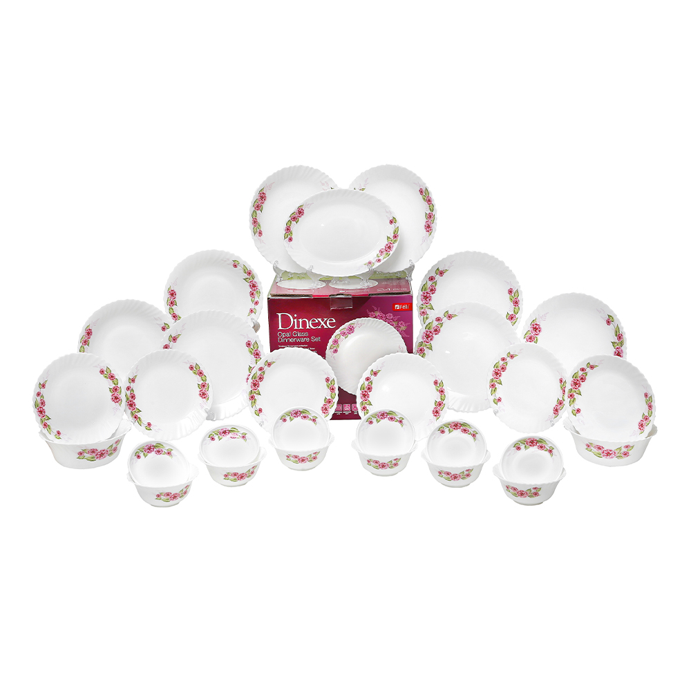 Dinexe Opal Glass Dinnerware Set 24pcs + Cup & Saucer Set 12pcs - Wavy Camellia Bloom