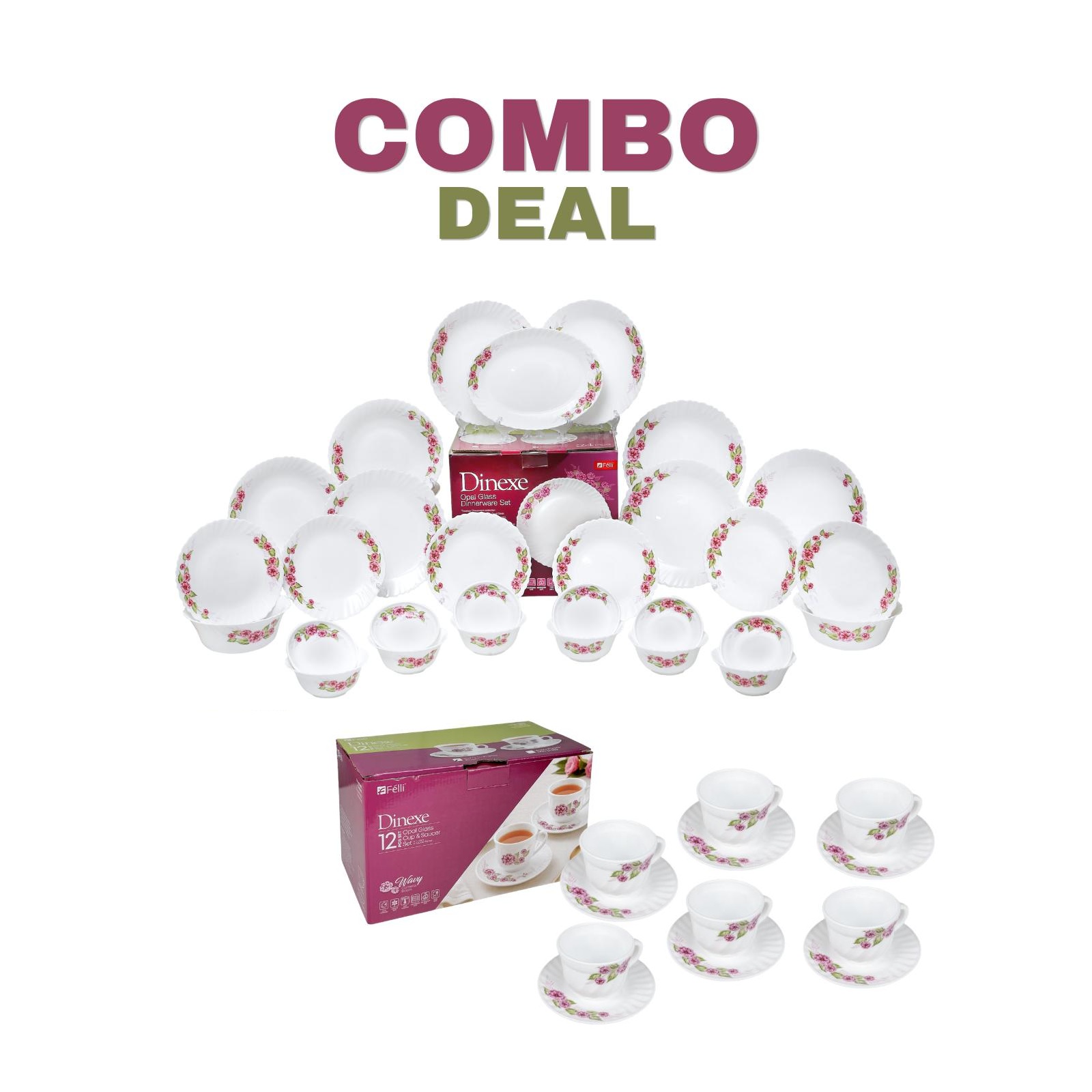 Dinexe Opal Glass Dinnerware Set 24pcs + Cup & Saucer Set 12pcs - Wavy Camellia Bloom