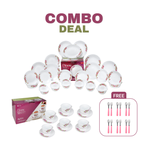 Dinexe Opal Glass Dinnerware Set 24pcs + Cup & Saucer Set 12pcs - Wavy Camellia Bloom