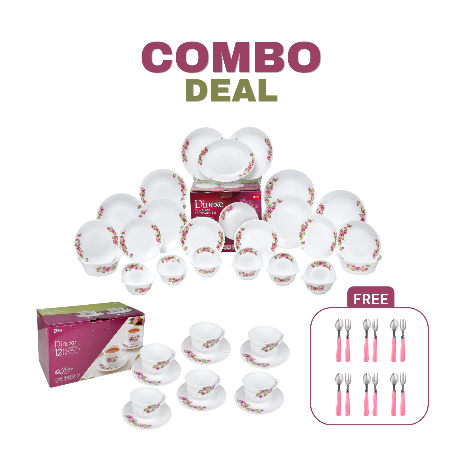 Dinexe Opal Glass Dinnerware Set 24pcs + Cup & Saucer Set 12pcs - Wavy Camellia Bloom